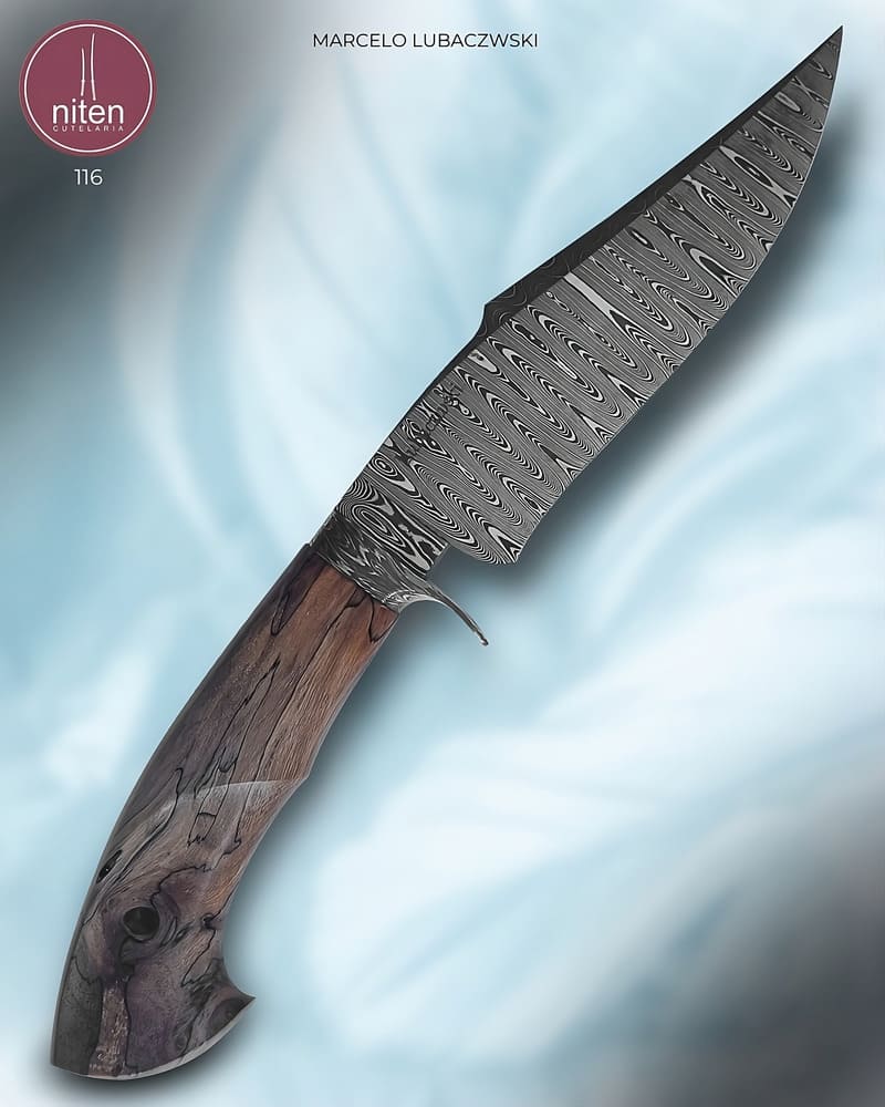 Faca Bowie Artesanal Aço Damasco Cabo Madeira Estabilizada 28 cm — Marcelo Lubaczwski