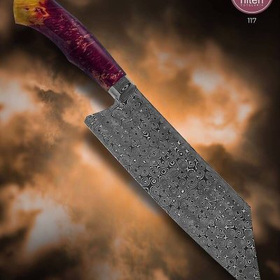 Faca Chef Artesanal Aço Damasco Cabo Madeira Estabilizada 34 cm — Marcelo Lubaczwski (Ref 117)