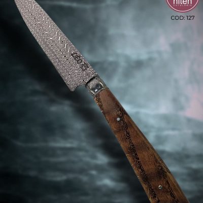 Faca Utilitária Artesanal Aço Damasco Turco Cabo Madeira Estabilizada 25,5 cm — Leo Moraes