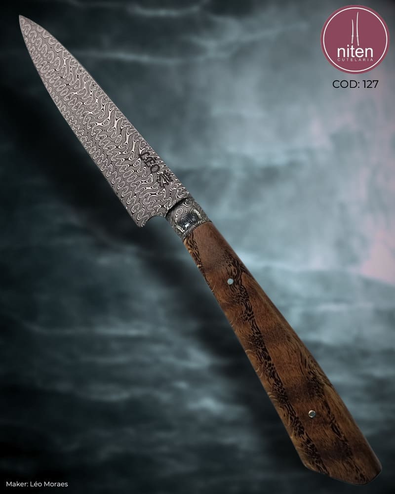 Faca Utilitária Artesanal Aço Damasco Turco Cabo Madeira Estabilizada 25,5 cm — Leo Moraes
