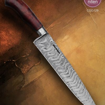 Faca Chef Artesanal Aço Damasco Cabo Madeira Estabilizada 38,5 cm — Milton Rodrigues