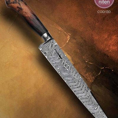 Faca de Fatiar Artesanal Aço Damasco Cabo Madeira Estabilizada 40 cm — Milton Rodrigues