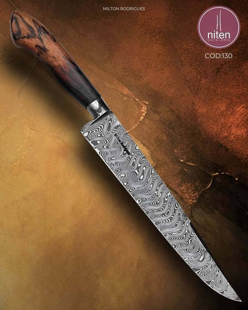 Faca de Fatiar Artesanal Aço Damasco Cabo Madeira Estabilizada 40 cm — Milton Rodrigues