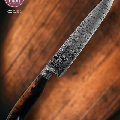 Faca Chef Artesanal Aço Damasco Cabo Madeira Estabilizada 38 cm — Milton Rodrigues