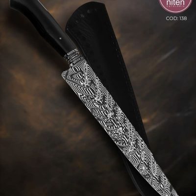 Faca Gaúcha Artesanal Aço Damasco Cabo Chifre de Búfalo Indiano 35 cm — F. Dantas