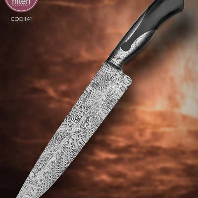 Faca Keyhole Artesanal Aço Damasco Pluma Cabo Madeira Estabilizada 33,5 cm — Maycon RB