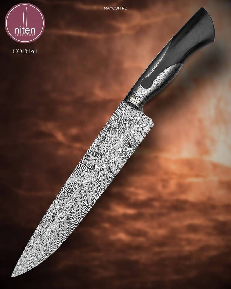 Faca Keyhole Artesanal Aço Damasco Pluma Cabo Madeira Estabilizada 33,5 cm — Maycon RB