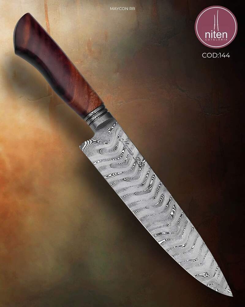 Faca de Churrasco Artesanal Aço Damasco Cabo Madeira Estabilizada 31 cm — Maycon RB