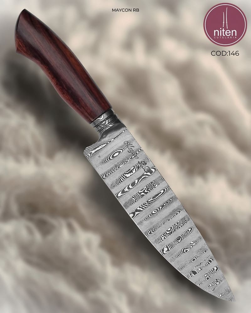 Faca de Churrasco Artesanal Aço Damasco Cabo Madeira Estabilizada 29,5 cm — Maycon RB