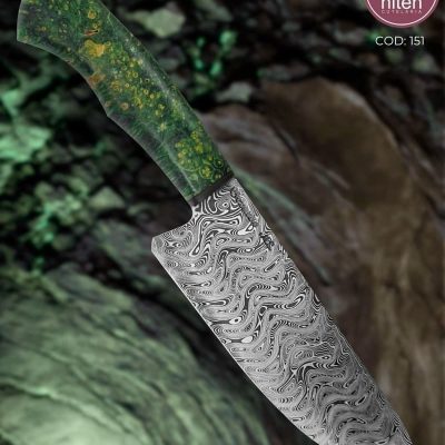 Faca de Churrasco Artesanal Aço Damasco Cabo Madeira Estabilizada 26,5 cm — Berardo (Ref 151)
