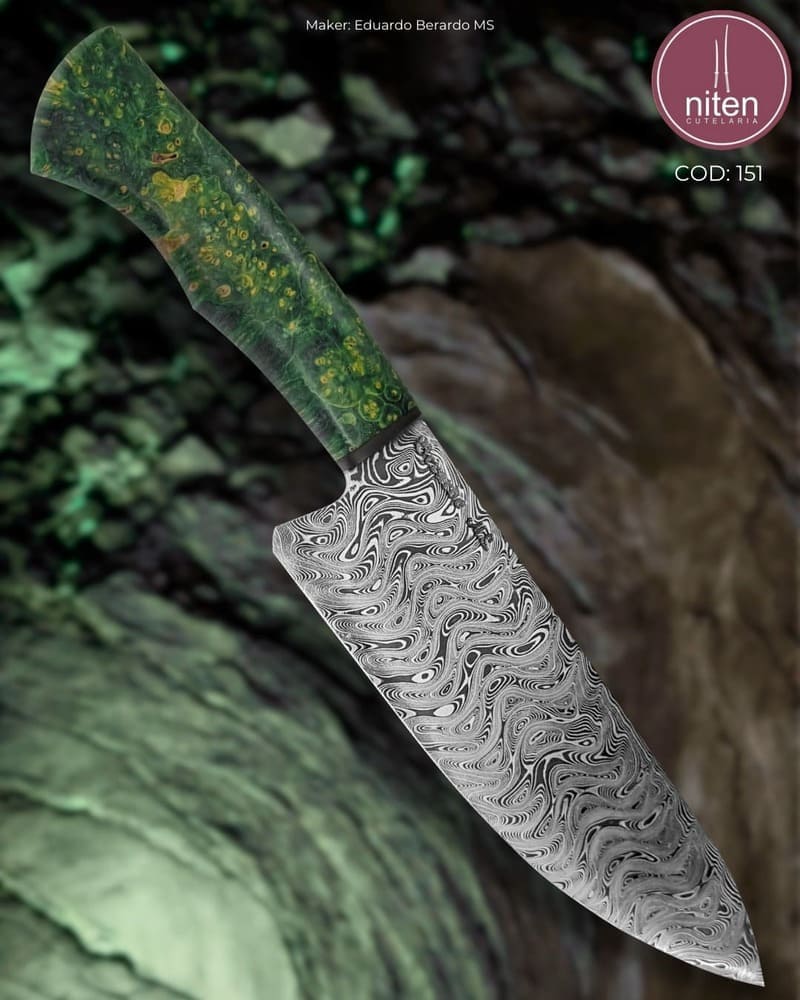Faca de Churrasco Artesanal Aço Damasco Cabo Madeira Estabilizada 26,5 cm — Berardo (Ref 151)