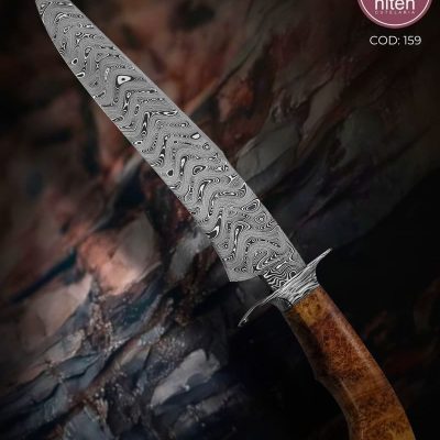 Faca Bowie Artesanal Aço Damasco Cabo Madeira Estabilizada 38 cm — Portugal