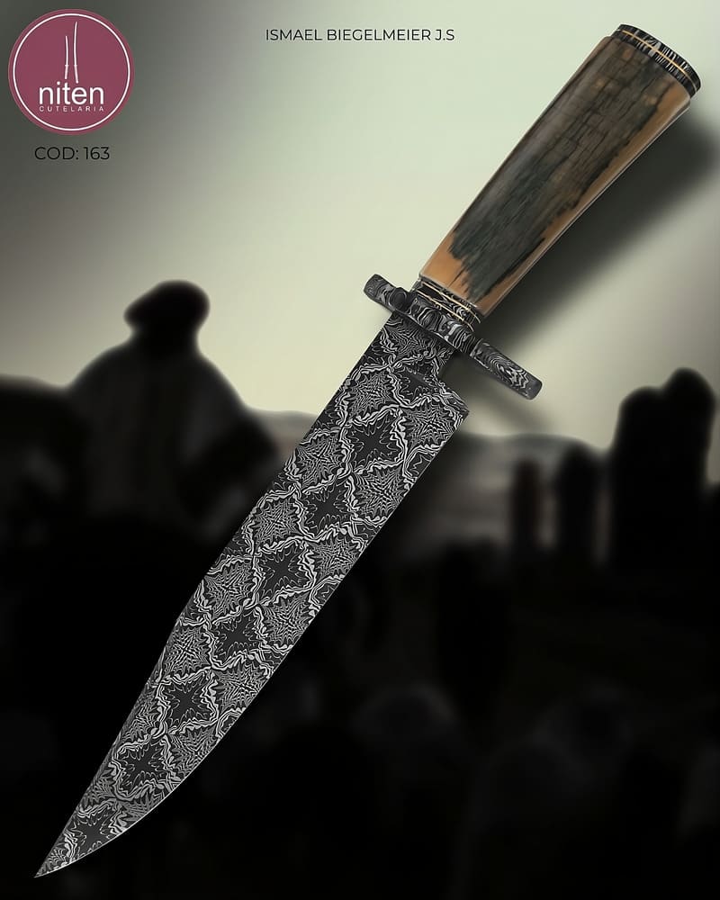 Faca Bowie Artesanal Aço Damasco Mosaico 35 cm — Ismael Biegelmeier