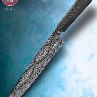 Faca Gaúcha Artesanal Aço Damasco Mosaico Cabo Fibra de Carbono 35,5 cm — Francisco Wlach