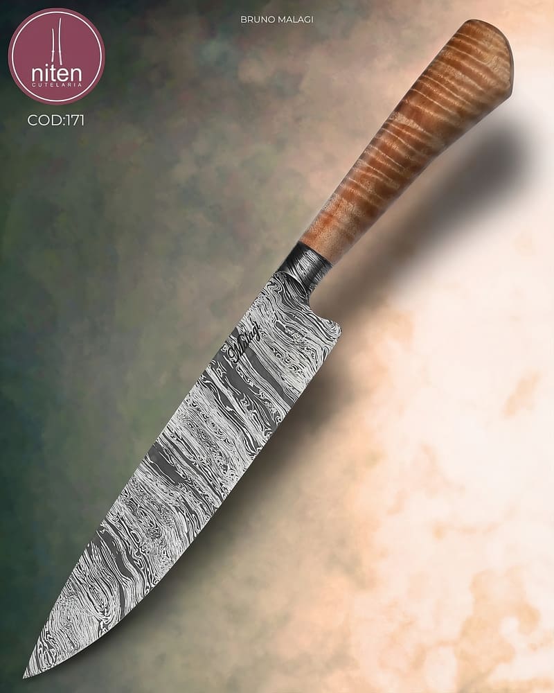 Faca de Churrasco Artesanal Aço Damasco Cabo Madeira Estabilizada 34,5 cm — Bruno Malagi