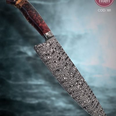 Faca Chef Artesanal Aço Damasco Cabo Madeira Estabilizada Vermelha 35 cm — Portugal