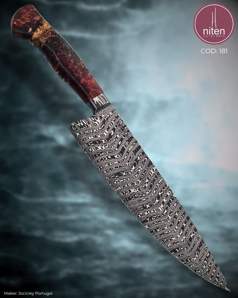 Faca Chef Artesanal Aço Damasco Cabo Madeira Estabilizada Vermelha 35 cm — Portugal