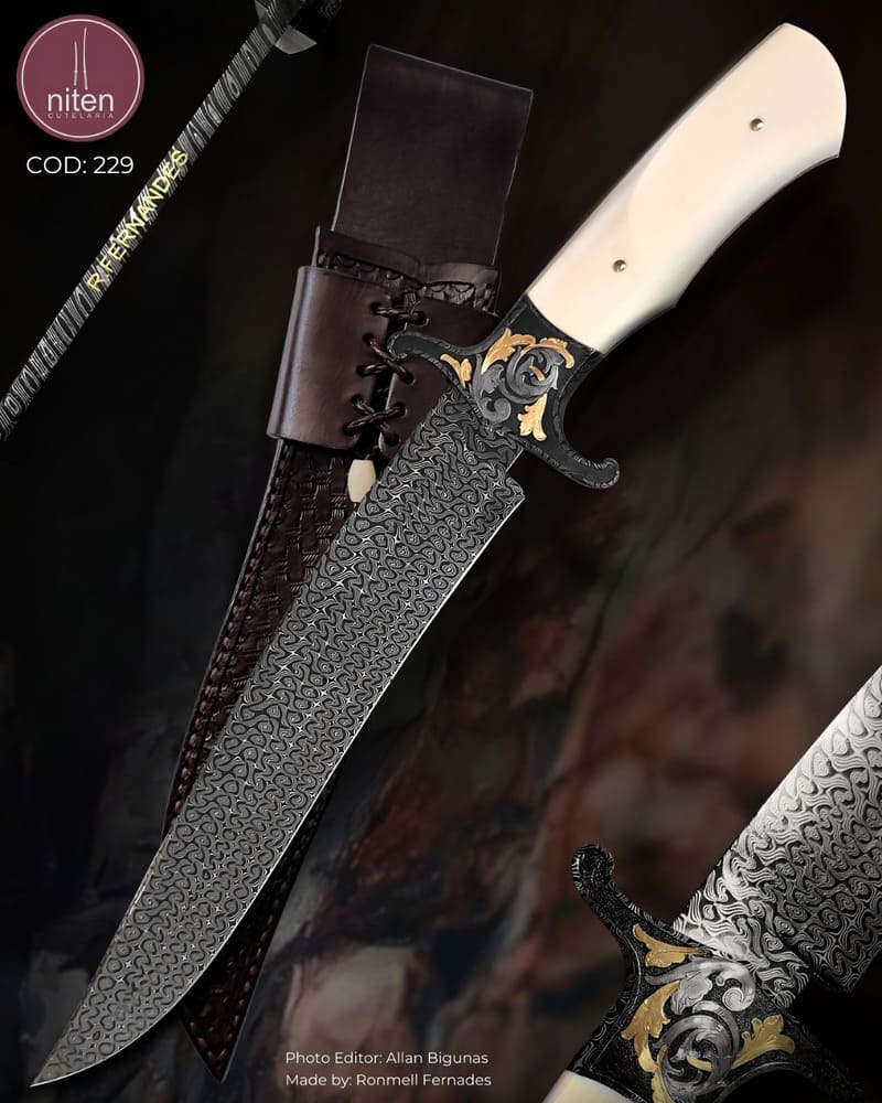 Faca Bowie Artesanal Aço Damasco 33,8 cm — Ronmell Fernandes