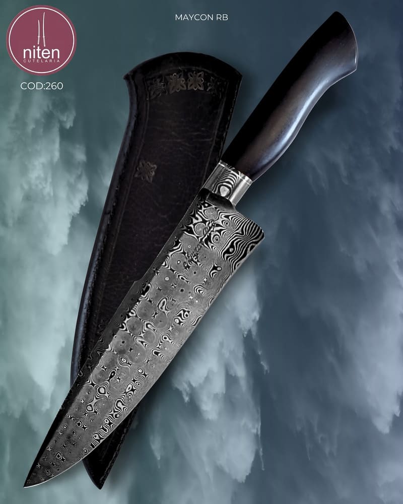 Faca Chef Artesanal Aço Damasco Cabo Ébano Africano 33 cm — Maycon RB