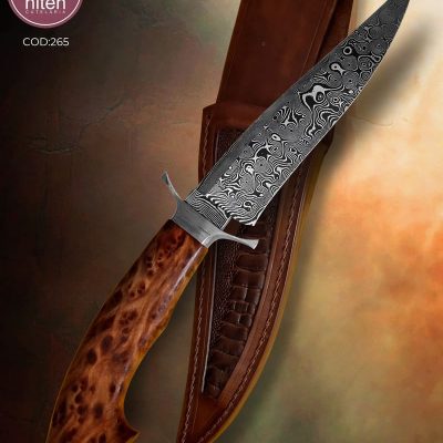 Faca Bowie Artesanal Aço Damasco 15N20 Cabo Burl de Sequoia Vermelha 31,5 cm — Marcelo Lubaczwski