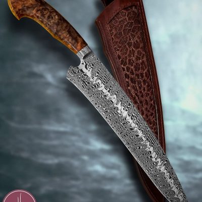 Faca Chef Artesanal Aço Damasco 15N20 Cabo Burl de Amboyna 43 cm — Marcelo Lubaczwski