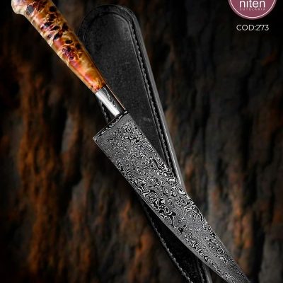 Faca Chef Artesanal Aço Damasco Cabo Madeira Estabilizada 31 cm — Luciano Dorneles