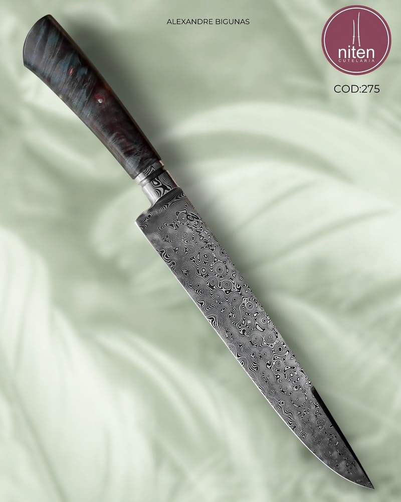 Faca de Churrasco Artesanal Aço Damasco Cabo Madeira Estabilizada 36 cm — Bigunas