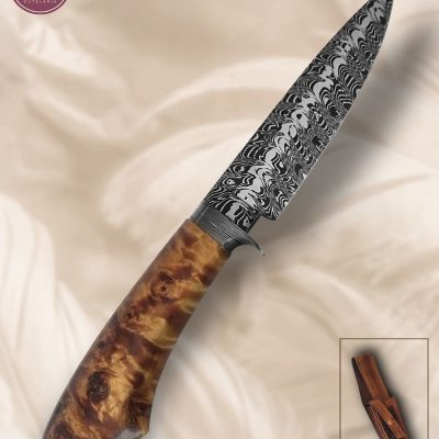 Faca de Caça Artesanal Aço Damasco Cabo Madeira Estabilizada 23,5 cm — Marcelo Lubaczwski