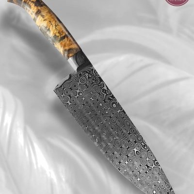 Faca Chef Artesanal Aço Damasco Cabo Madeira Estabilizada 33 cm — Marcelo Lubaczwski