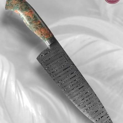 Faca Chef Artesanal Aço Damasco Cabo Madeira Estabilizada 31 cm — Rony Franco