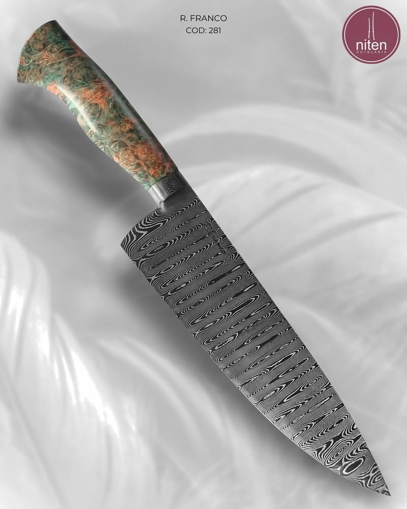 Faca Chef Artesanal Aço Damasco Cabo Madeira Estabilizada 31 cm — Rony Franco