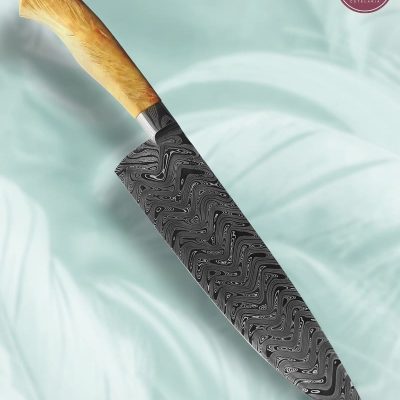 Faca Chef Artesanal Aço Damasco Cabo Madeira Estabilizada 36,5 cm — J. Portugal