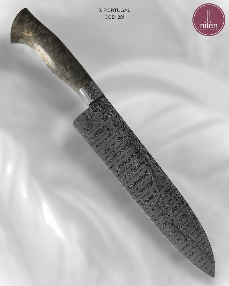 Faca Japonesa Artesanal Aço Damasco Cabo Madeira Estabilizada 32 cm — J. Portugal