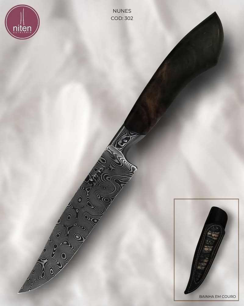 Faca Utilitária Artesanal Aço Damasco Cabo Madeira Estabilizada 22 cm — Nunes