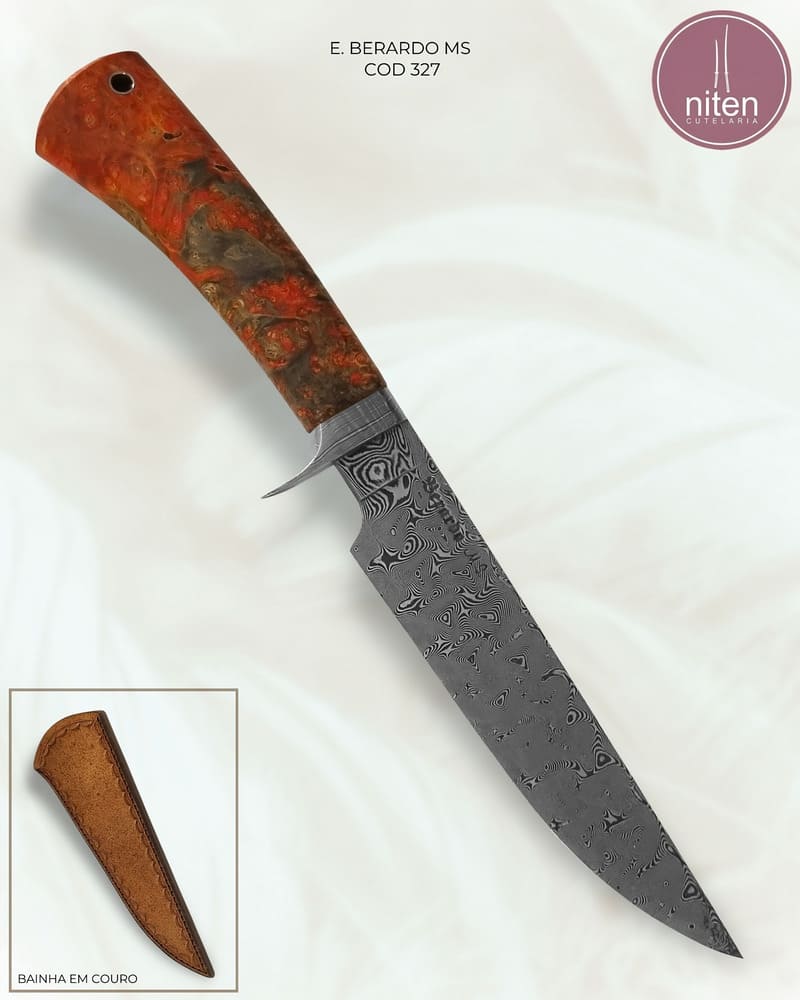 Faca Utilitária Artesanal Aço Damasco Cabo Madeira Estabilizada 28 cm — Berardo