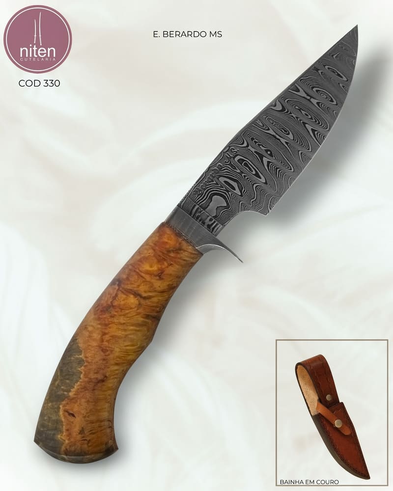 Faca Hunter Artesanal Aço Damasco Cabo Madeira Estabilizada 23,5 cm — Berardo