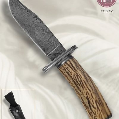 Faca Bowie Artesanal Aço Damasco Cabo Cervo 27 cm — P. Hammer