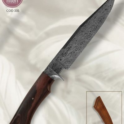 Faca Bowie Artesanal Aço Damasco Pluma Cabo Madeira Estabilizada 28,5 cm — Bigunas