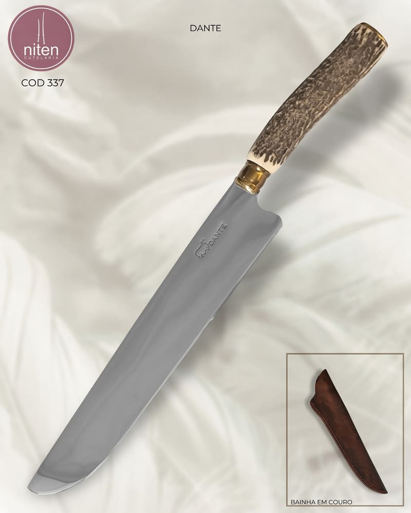 Faca de Churrasco Artesanal Aço Inox Cabo Chifre de Cervo 38,5 cm — Dante