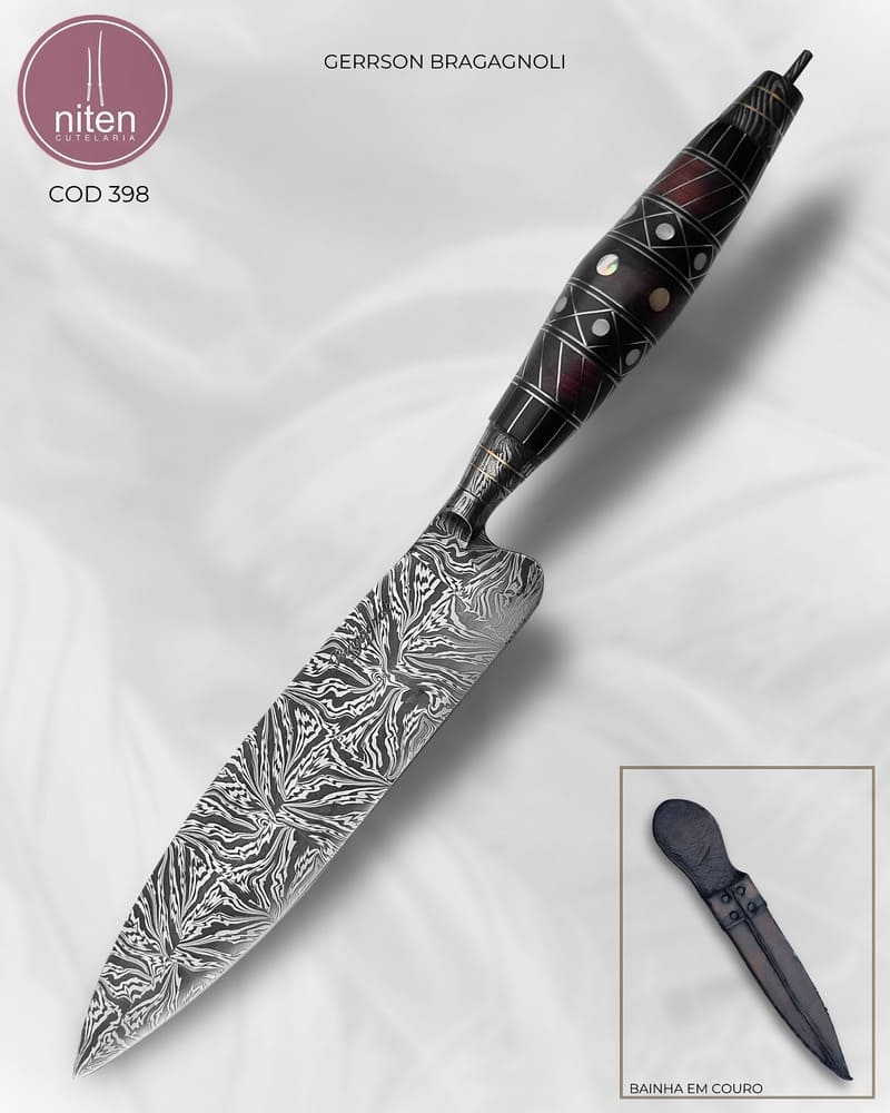 Faca Chef Artesanal Aço Damasco Explosion Cabo Madeira e Madrepérola 35 cm — Gerrson Bragagnoli
