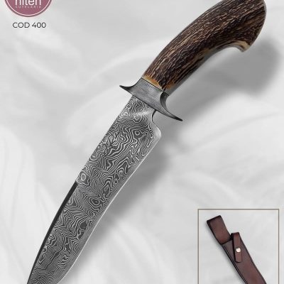 Faca Bowie Artesanal Aço Damasco Cabo Cervo 35,5 cm — J. Ribas
