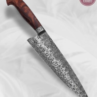 Faca Chef Artesanal Aço Damasco Cabo Madeira Estabilizada 34 cm — Marcelo Lubaczwski (Ref 401)