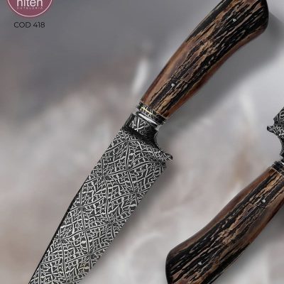 Faca Utilitária Artesanal Aço Damasco Mosaico Cabo Cervo 26,5 cm — Ismael Gottschalt