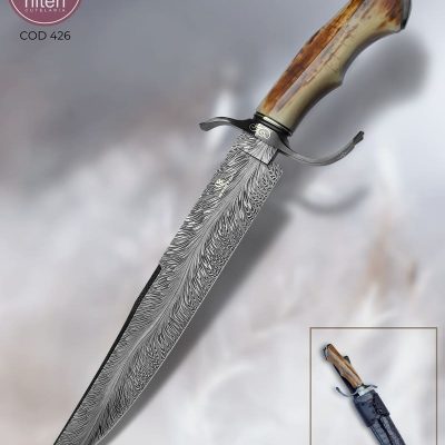 Faca Bowie Artesanal Aço Damasco Pluma 42 cm — L. Bertoni