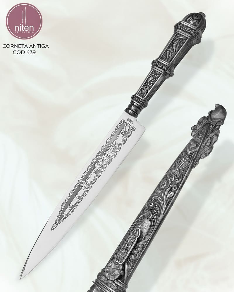 Faca Gaúcha Artesanal Aço Inox Cabo Prata e Ouro 29 cm — Corneta Antiga