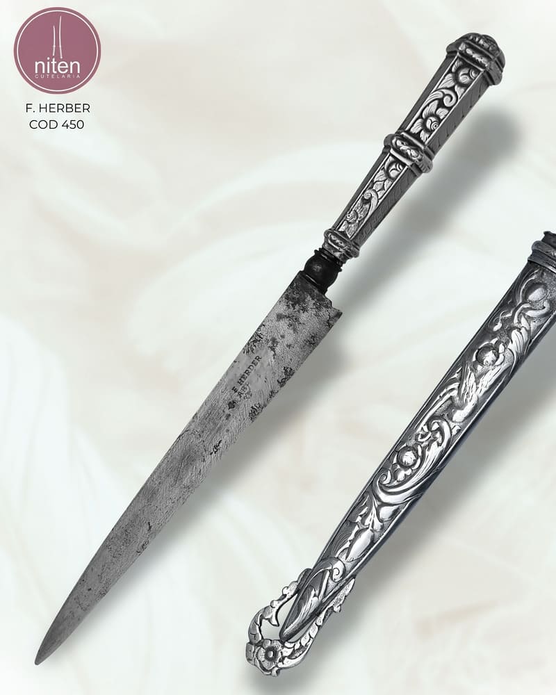 Faca Gaúcha Cabo Prata e Ouro 28 cm — F. Herber