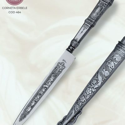 Faca Gaúcha Artesanal Aço Inox Cabo Prata e Ouro 26 cm — Corneta Erbele (Ref 464)