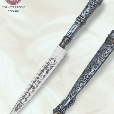 Faca Gaúcha Artesanal Aço Inox Cabo Prata e Ouro 26 cm — Corneta Erbele (Ref 465)